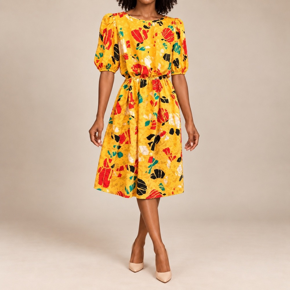 M 193 Vintage 80s Evan-Picone Yellow Abstract Floral Jacquard Puff Sleeve Dress